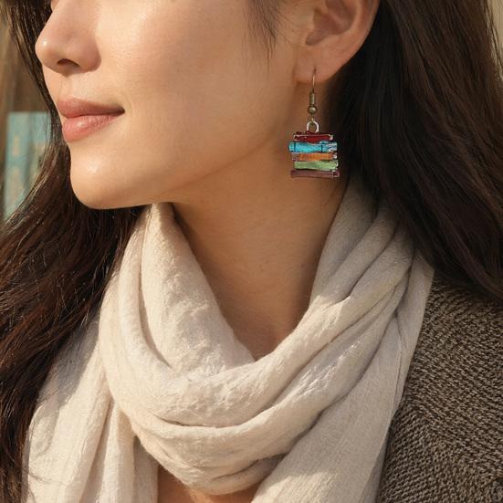 Yousheng 1 Pair Women Earrings, Retro Mini Stacked Book Design Hook Earrings, Lightweight Literary Drop Earrings for Jewelry Gift