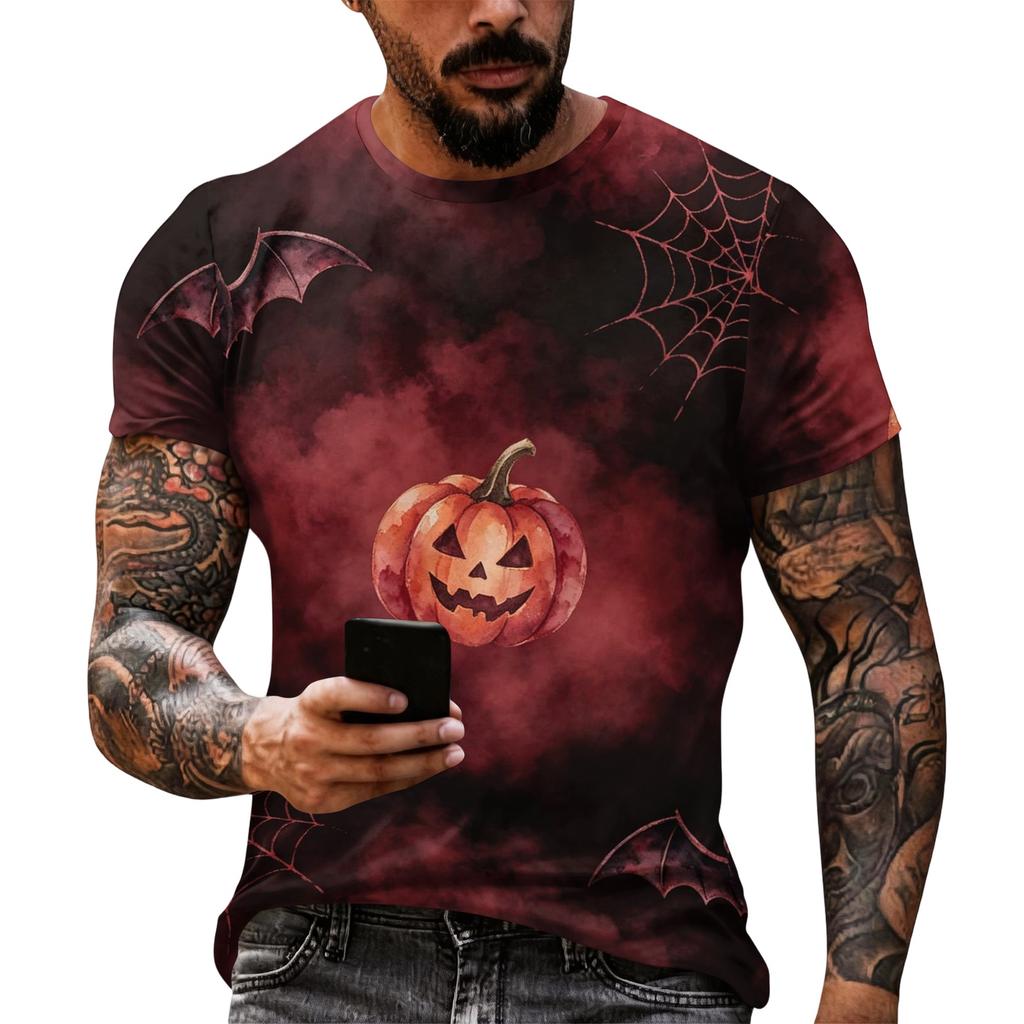 Men Halloween Graphic Short Sleeve T Shirt Casual Loose Fit Summer Daily Wear Top with Pumpkin and Spider Web Print