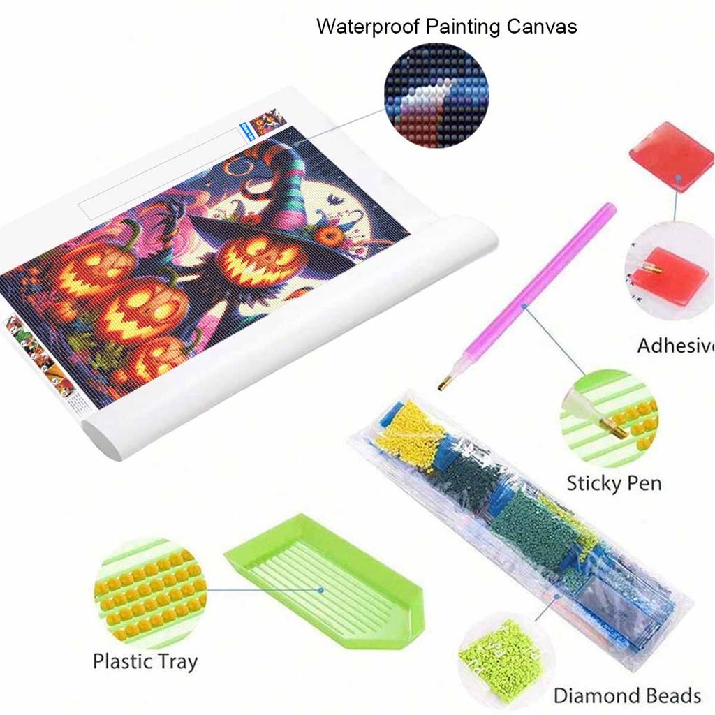 5D Diamond Art Kit Halloween Pumpkin Witch Pattern DIY Full Drill Painting Canvas Relaxing Autumn Seasonal Craft Gift Home Decor