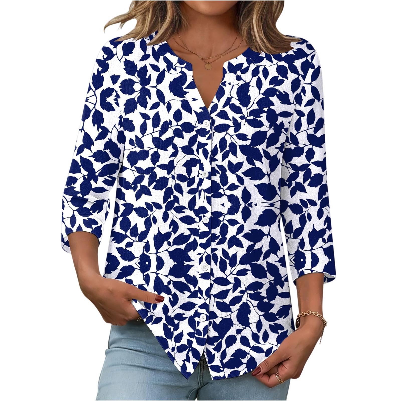 Women s Fashionable Casual Vintage Printed Blouse L синий
