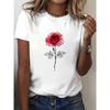 Dames Elegant Rood Rozen Bloemenprint T-shirt - Zacht Ademend Rond Hals Korte Mouw Zomer Top, Losse Pasvorm Casual