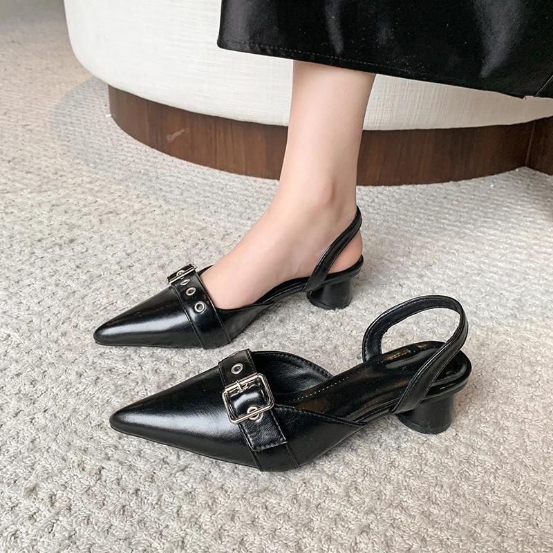 Small Fragrant Style Women Shoes Circle High Heel Sandals Solid Color Pointed Toe Ladies Back Style Single Shoes Shoes for Women