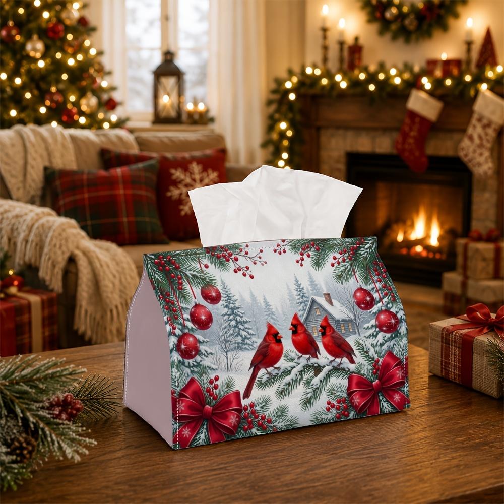 1pc Nature Holiday Tissue Box - Cardinal Bird Pine Napkin Storage Box, Suitable for Rolls/Facial Tissues/Single Sheets, Available for Christmas Road T