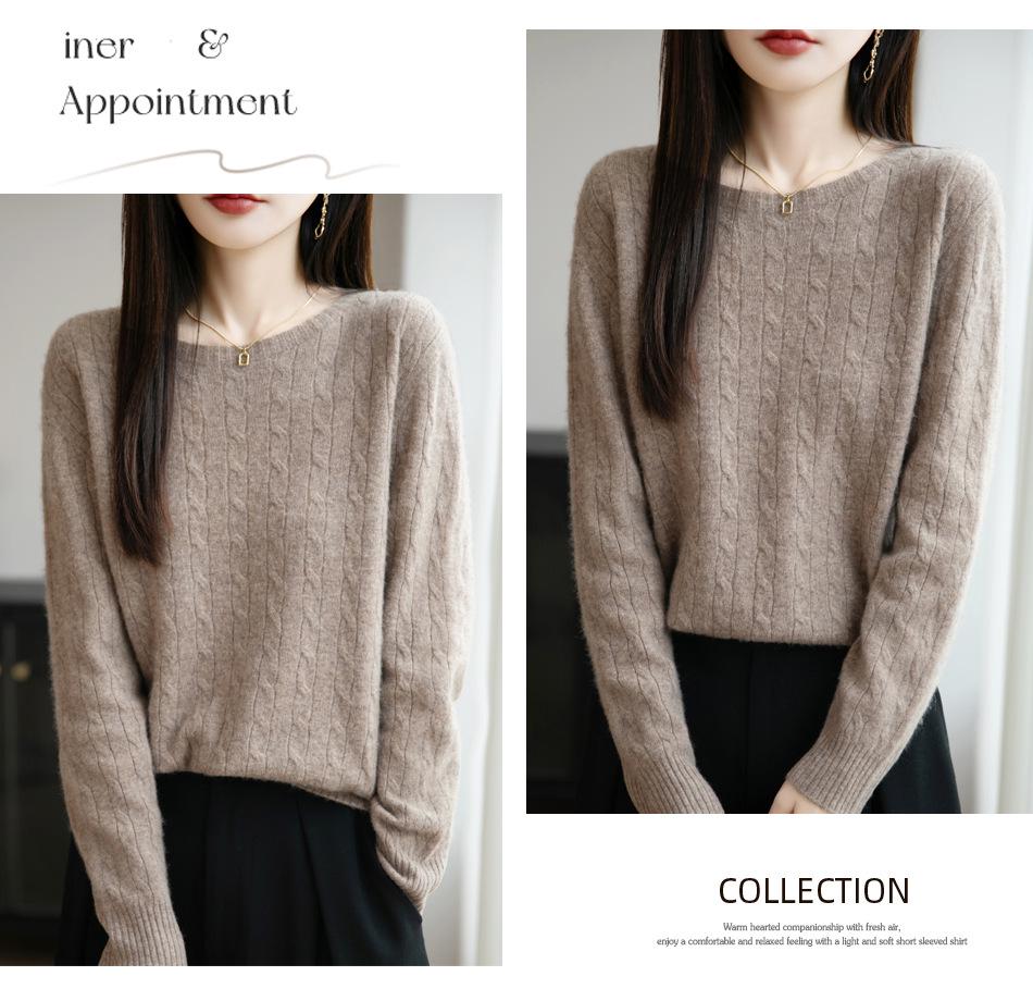 Damen Lässiger Locker Gestrickter Pullover mit Rundhalsausschnitt und Langen Ärmeln