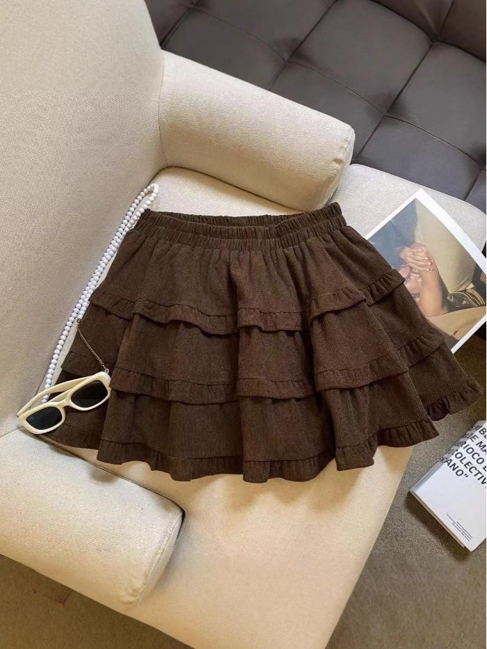 Autumn/Winter 2025 Korean Style Corduroy Skirt: High Waist, Sweet Ruffles, Pleated Double Layer, Fluffy Short Skirt.