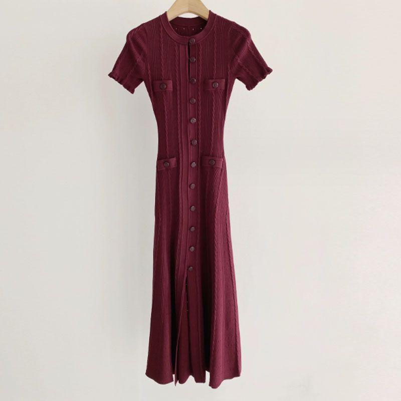 

Yuan Quality S Home Spring and Summer French Elegance Cut Out Tree Fungus-like Lacework Short Sleeve and Long Pattern Ruffles Knitting Dress Burgundy S