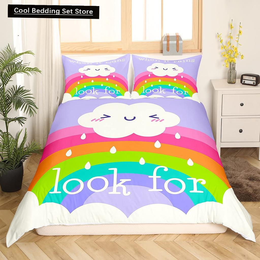 Cartoon Regenbogen König Königin Bettbezug Kinder Mädchen Bunte Wolken Bettwäsche Set Liebesherz Bettdeckenbezug Polyester Steppdeckenbezug