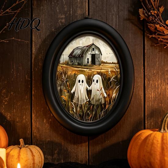 Soft Dark Tone Art Halloween Ghost Wall Art Cute Table Sign Vintage Oval Framed Academia Decor Picture Decorative for Mantel Living Room