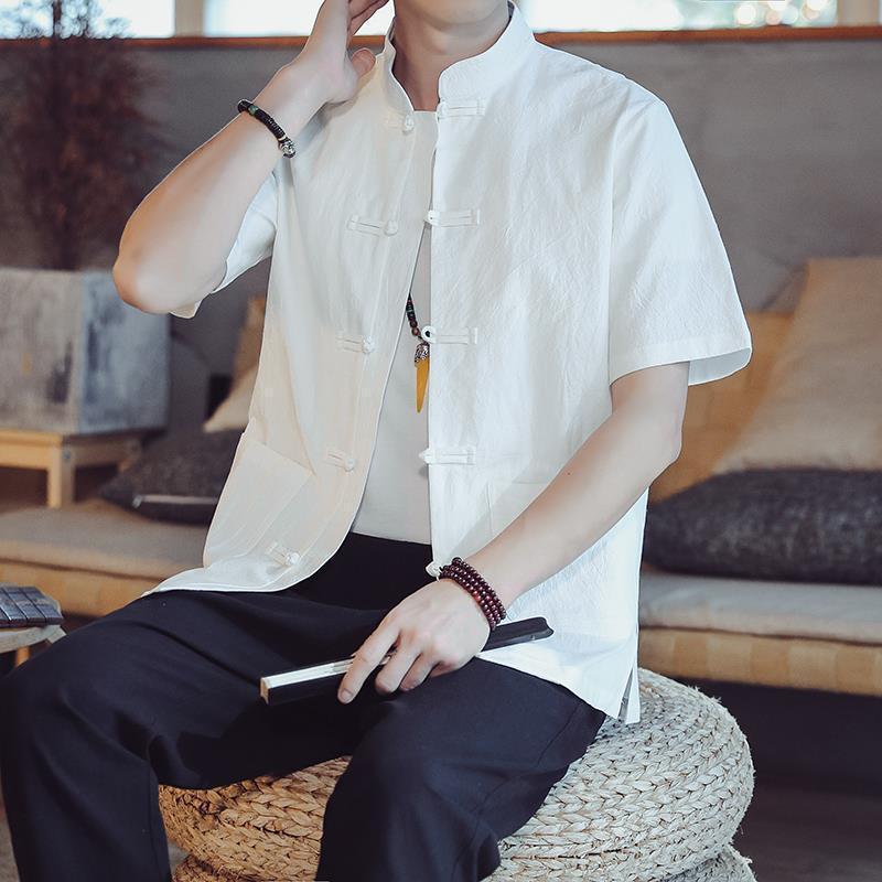 Men's Summer Tang Suit: Loose Stand-Up Collar, Chinese-Style Hanfu Zhongshan with Short Sleeves In Cotton and Linen