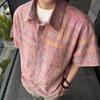 Men's Casual Loose Fit Short Sleeve Shirt Rainbow Gradient Plaid Texture Breathable Lapel Button Down Summer Streetwear Top
