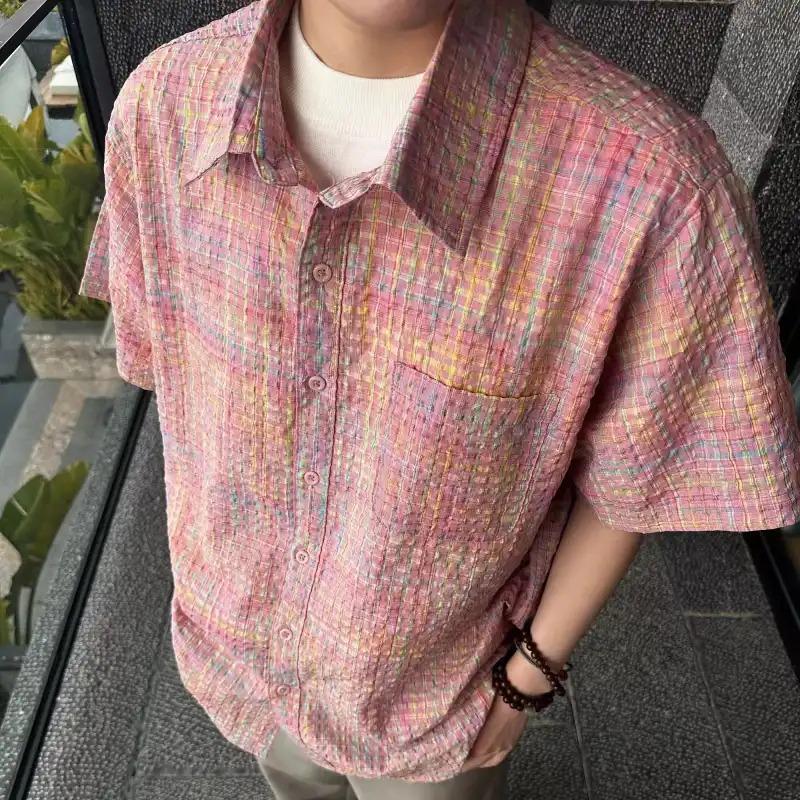 Men's Casual Loose Fit Short Sleeve Shirt Rainbow Gradient Plaid Texture Breathable Lapel Button Down Summer Streetwear Top