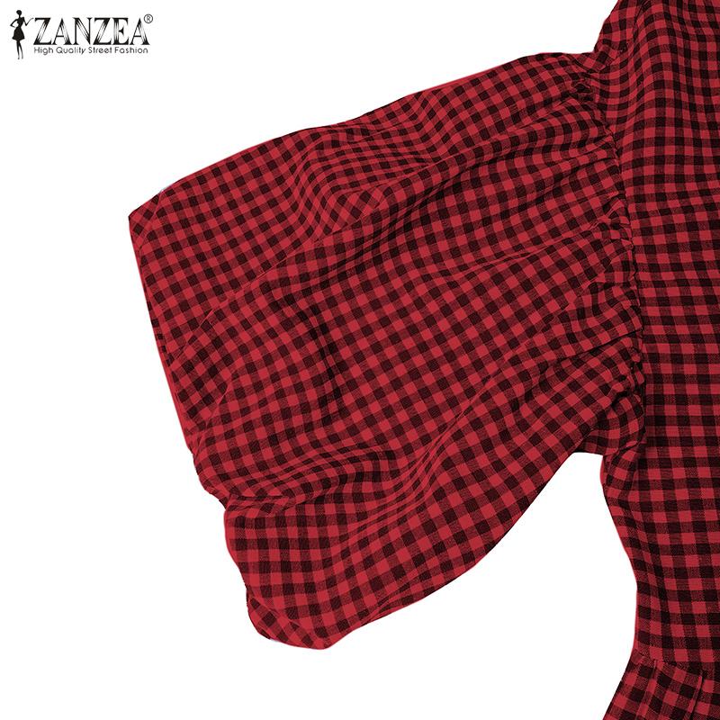 ZANZEA Women Casual V-Neck Summer Short Sleeve Plaid Print Dress