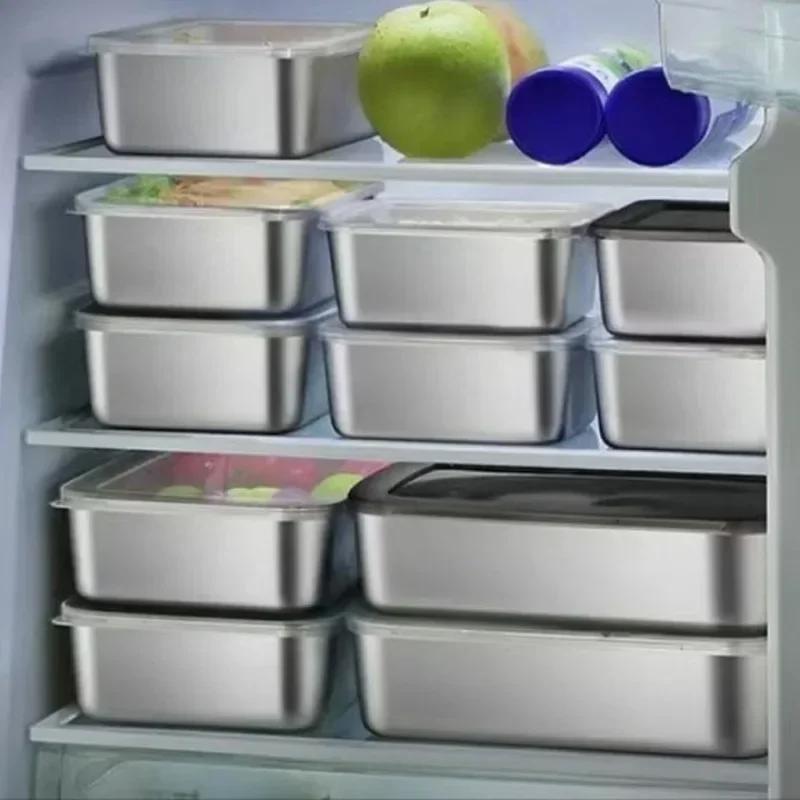 Stainless Steel Food Storage Container Rectangle Dish with Cover Noodles Fruit Tray Lunch Box Thick Refrigerator Organizer Plate