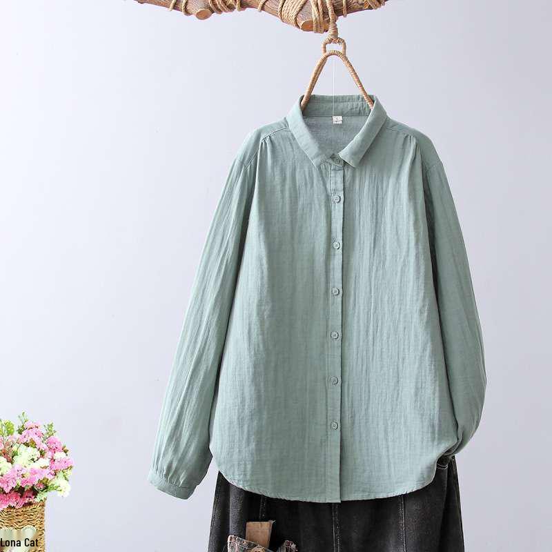 Women's Soft Cotton Double Layer Gauze Long Sleeve Shirt, Versatile with Pointed Collar
