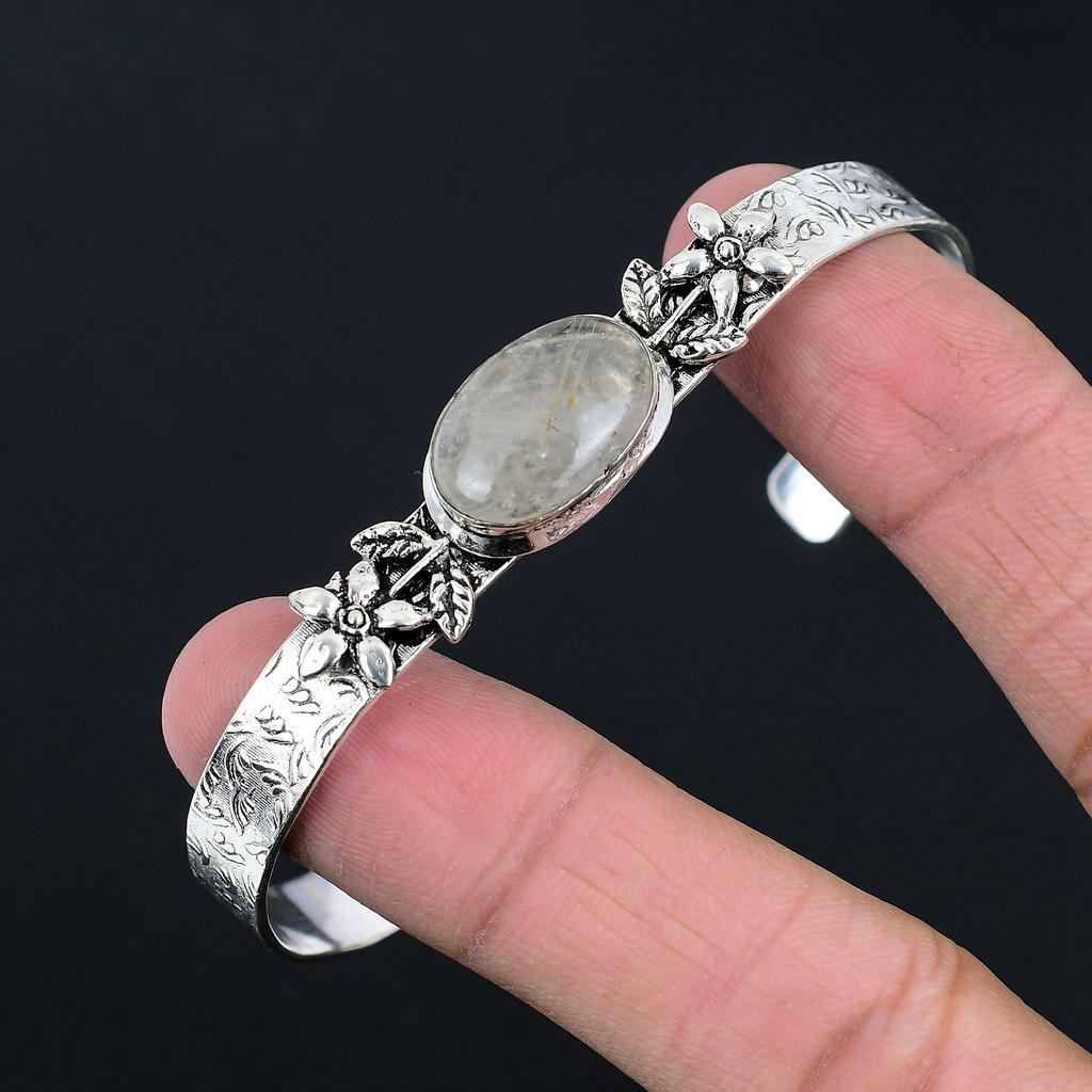 Halloween Sale 925 Sterling Silver Oval Golden Rutile Stone Sister Flower Bangle