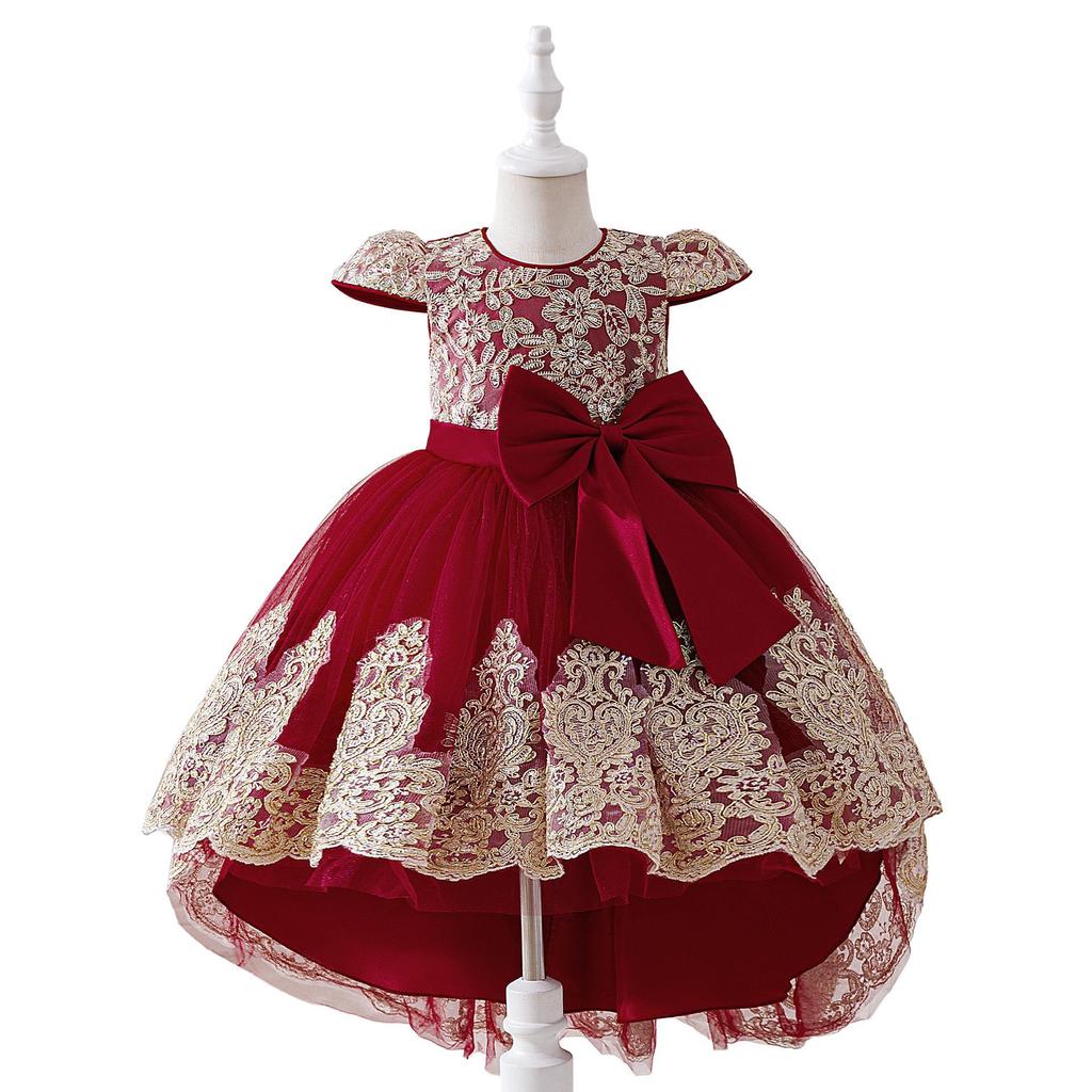 Girls' Elegant Lace Princess Evening Dress with Train for Special Occasions