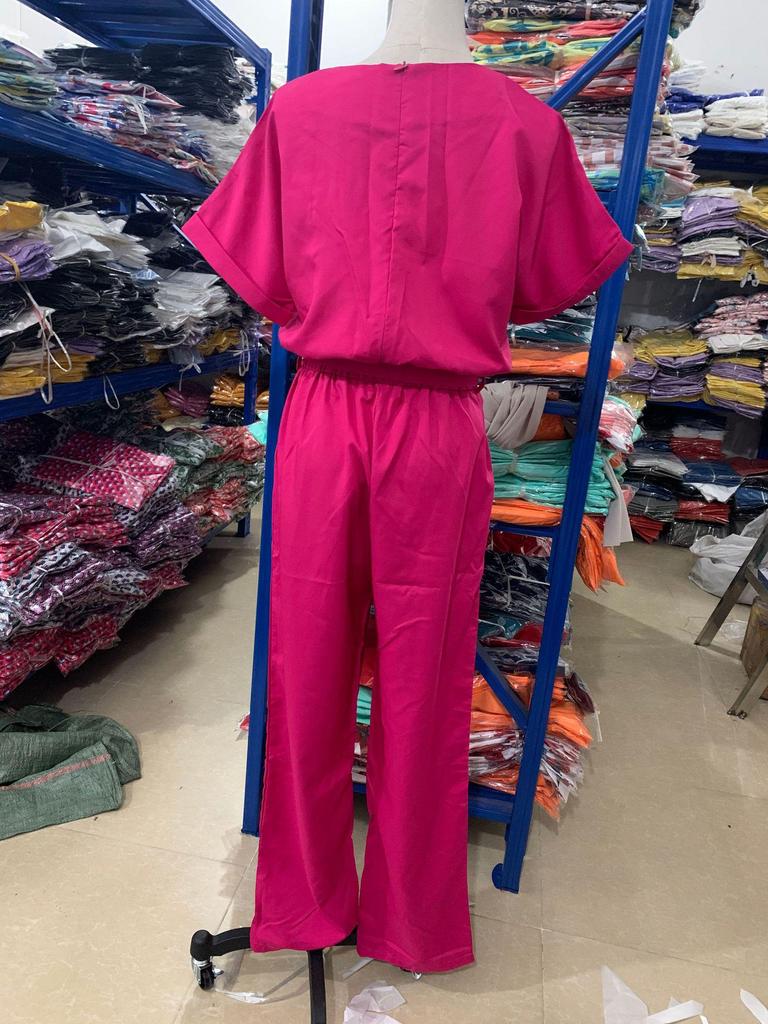 INS Summer V-neck Short Sleeve Elastic Waist Jumpsuit with Patch Pockets for Women