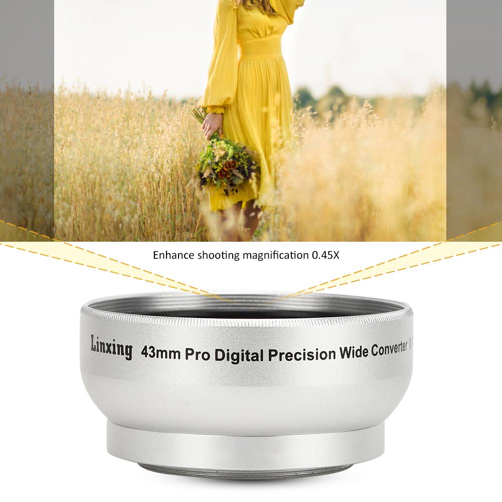 0.45X Optical Glass Silver Camera Wide Angle Magnification Additional Lens for 43mm Camera Lenses