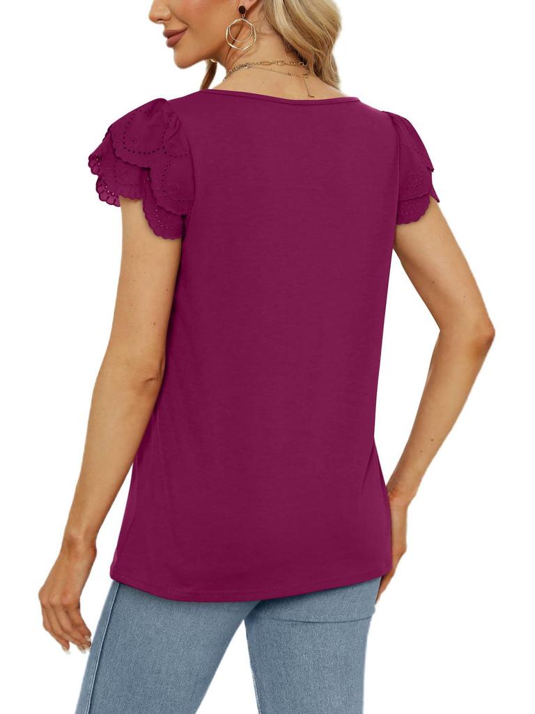 2023 Summer Women's Solid Color Loose U-Neck Lace Short Sleeve Top