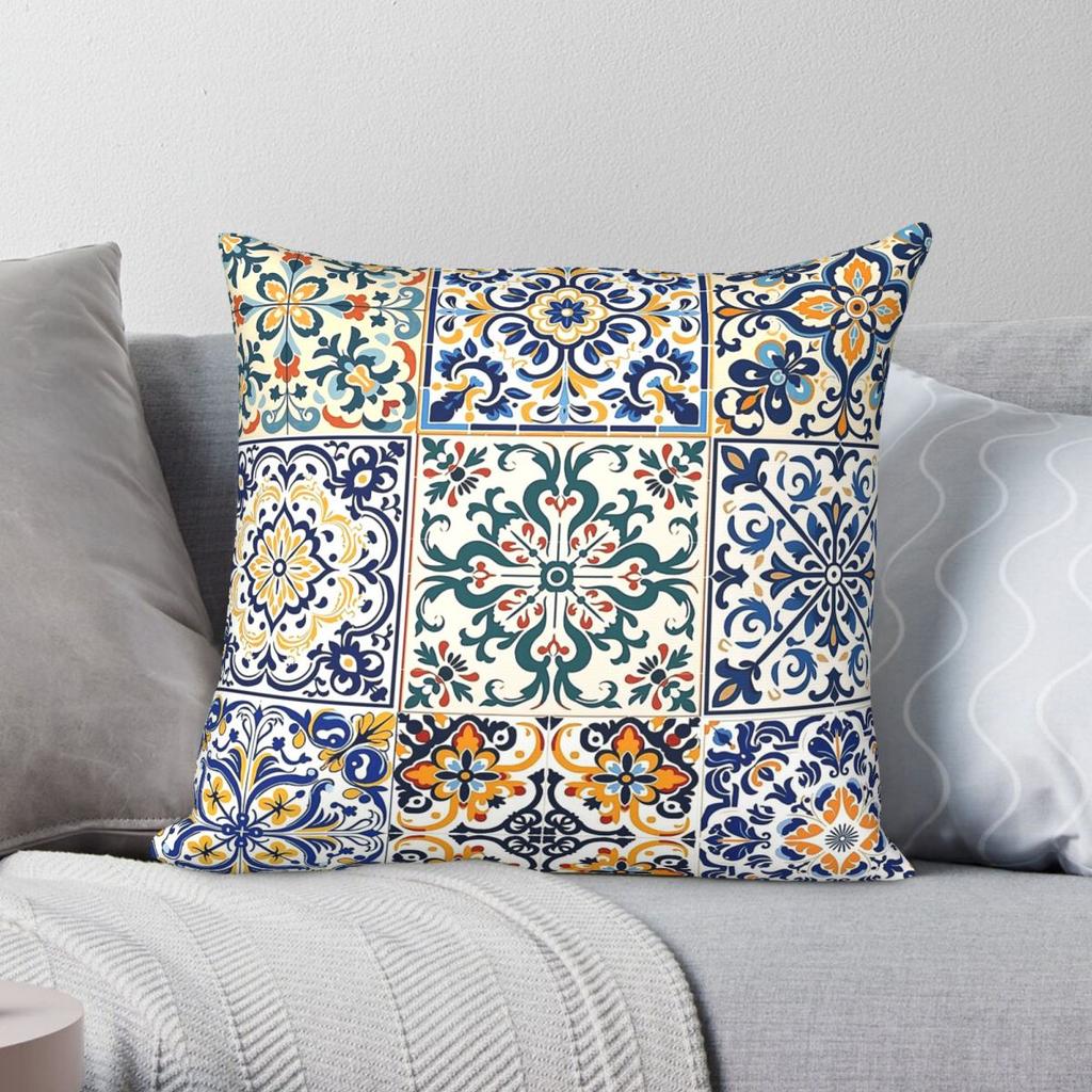 Portuguese Azulejo Tile Ceramic Square Pillowcase Polyester Linen Velvet Creative Zip Decor Home Cushion Case