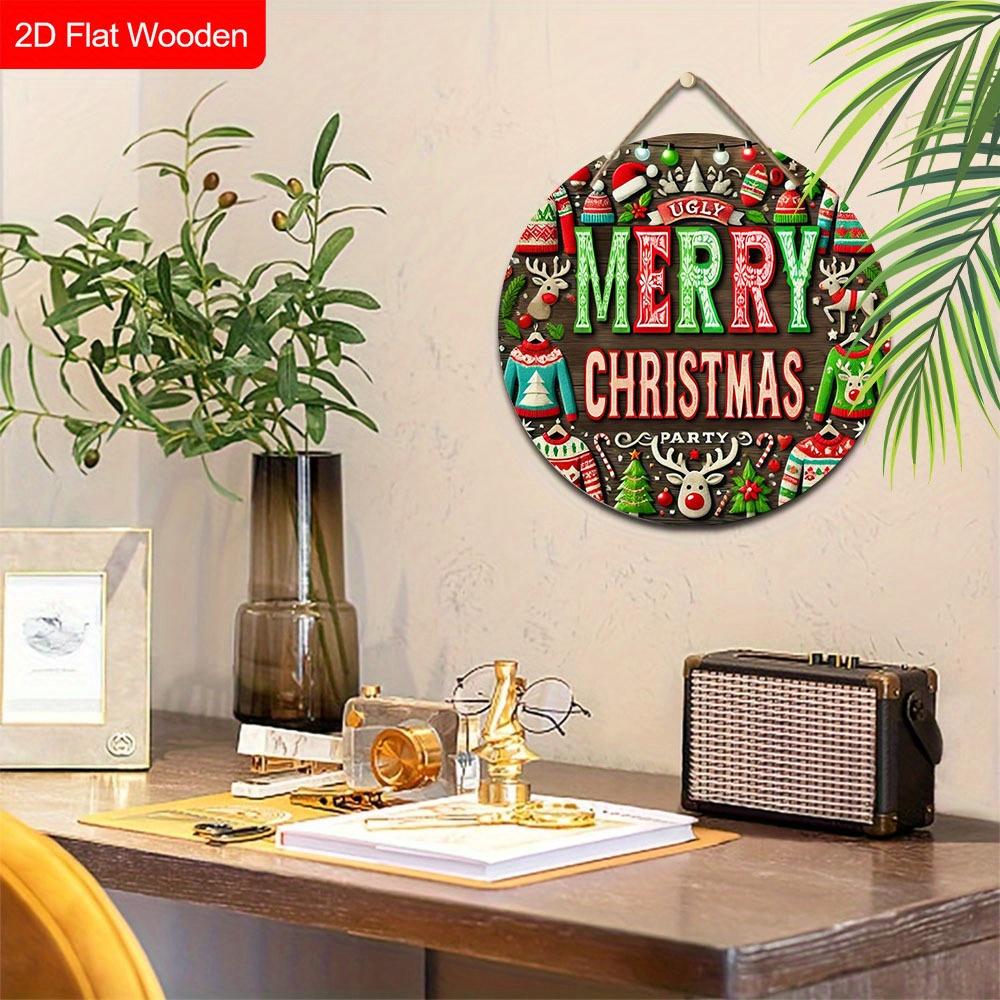 2D Flat 1pc Winter Merry Christmas Sweater Logo Wooden Sign Decoration, Front Door Embossed Effect Wall Decoration, Suitable for Home Office, Garden