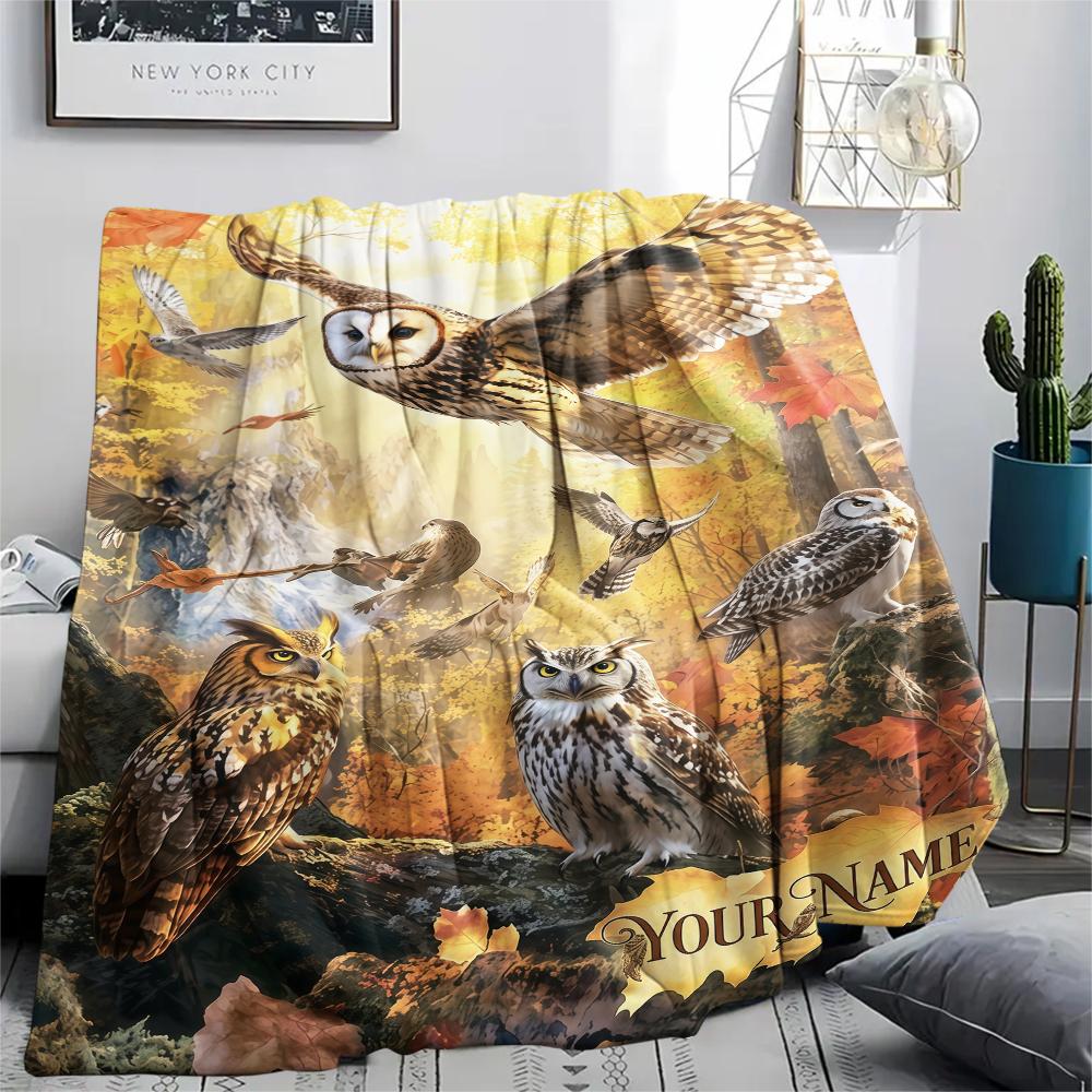 1PC Custom Name Autumn Owl Patterned Flannel Blanket Suitable For All Seasons for Home Decor Warmth and Comfort Gifts Holiday Present_lx