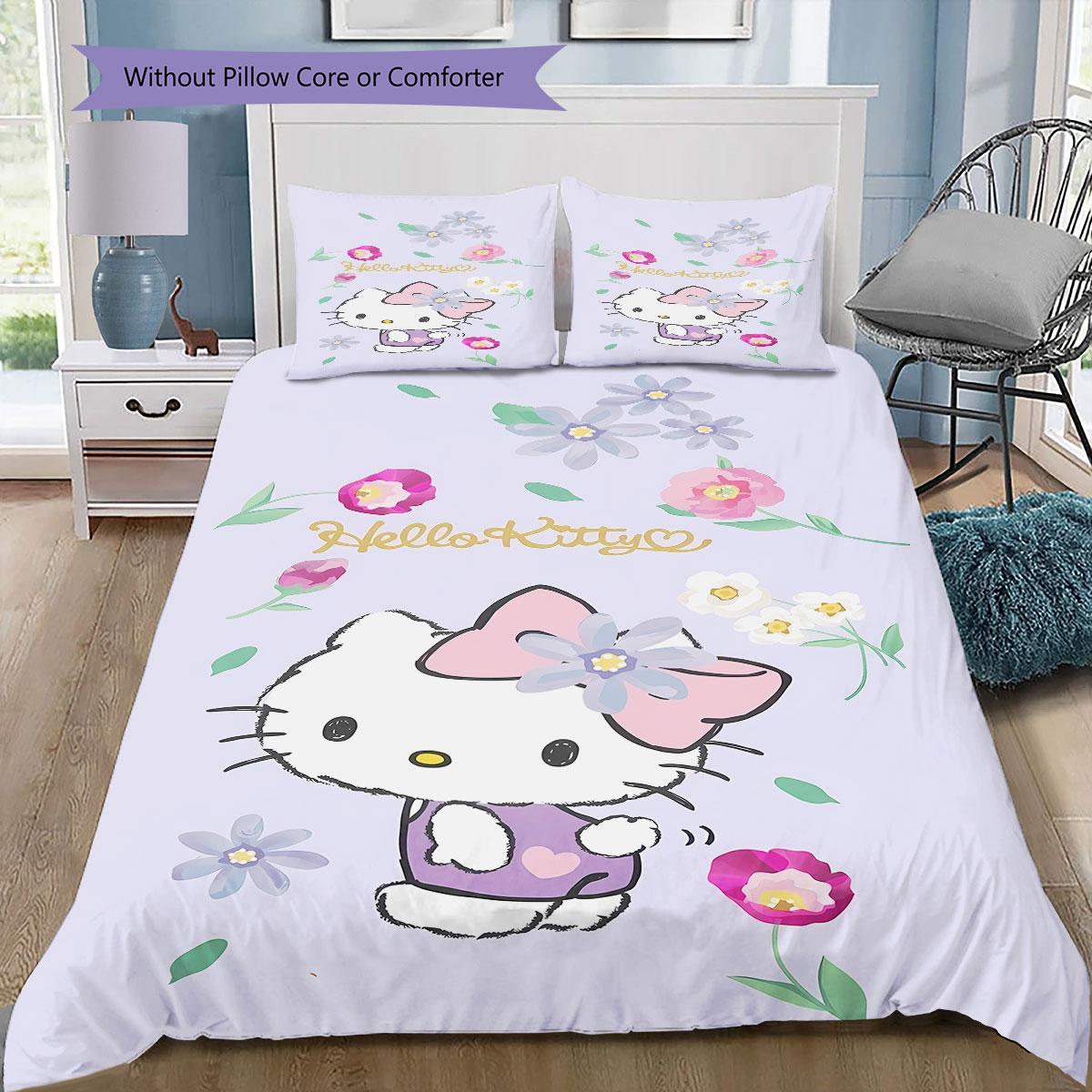 

3-piece cartoon Hello Kitty print coreless bed sheet set, comfortable bedspreads in various sizes, bedroom bedding decoration. 135x200cm