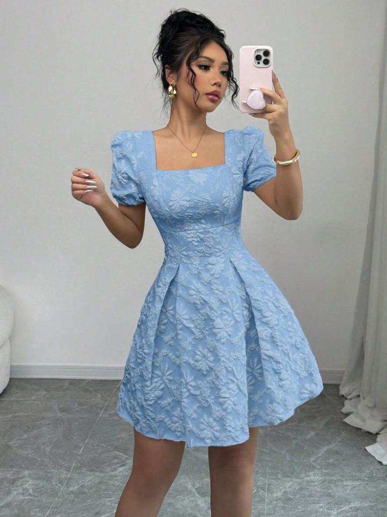 Summer Slim Fit Women's Elegant Lace Solid Color Bubble Sleeve Square Neck A-Line Dress