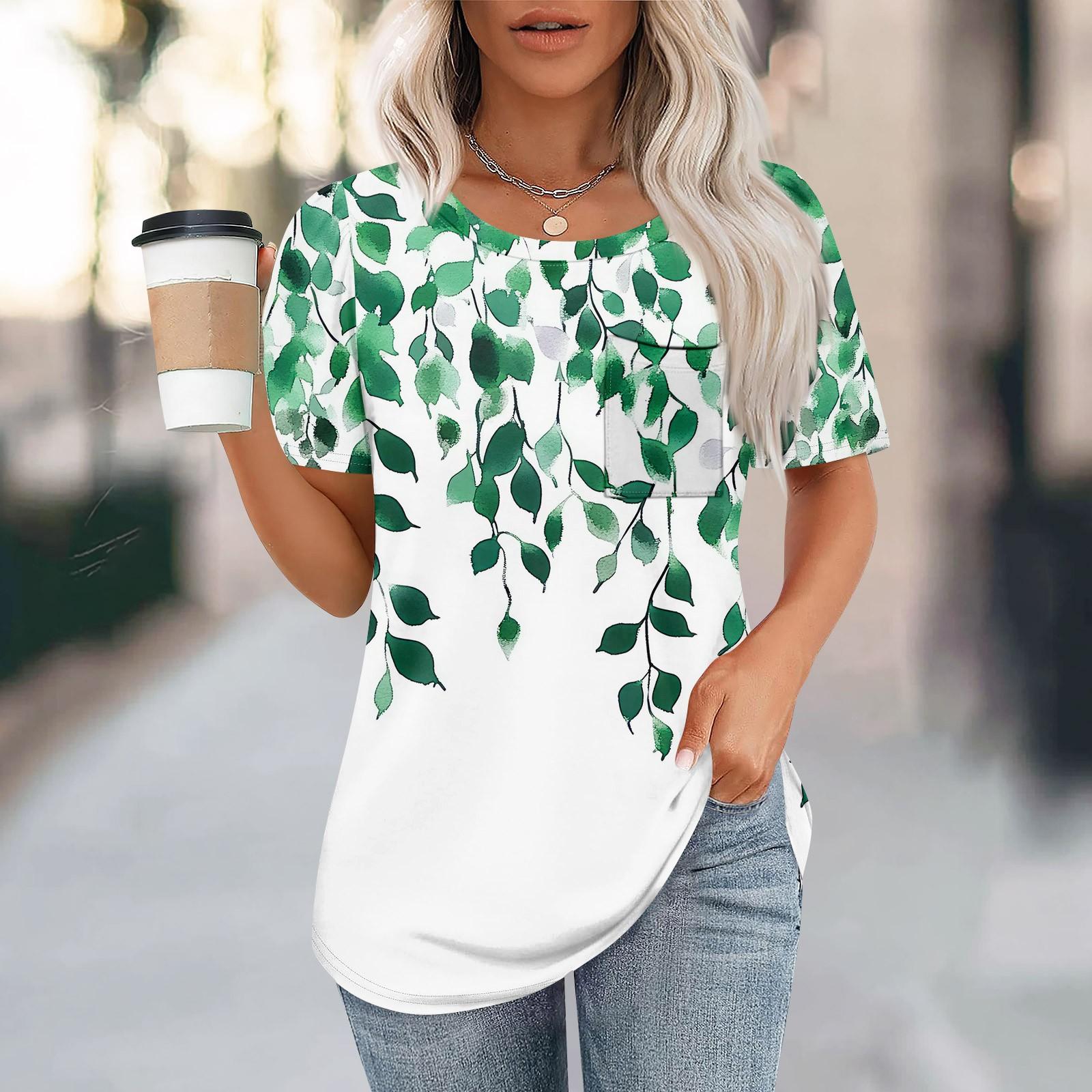 

Футболки для женщин, плиссированные, с круглым вырезом, нарядные, повседневные, блузки с принтом, с коротким рукавом, летние топы, свободный крой L