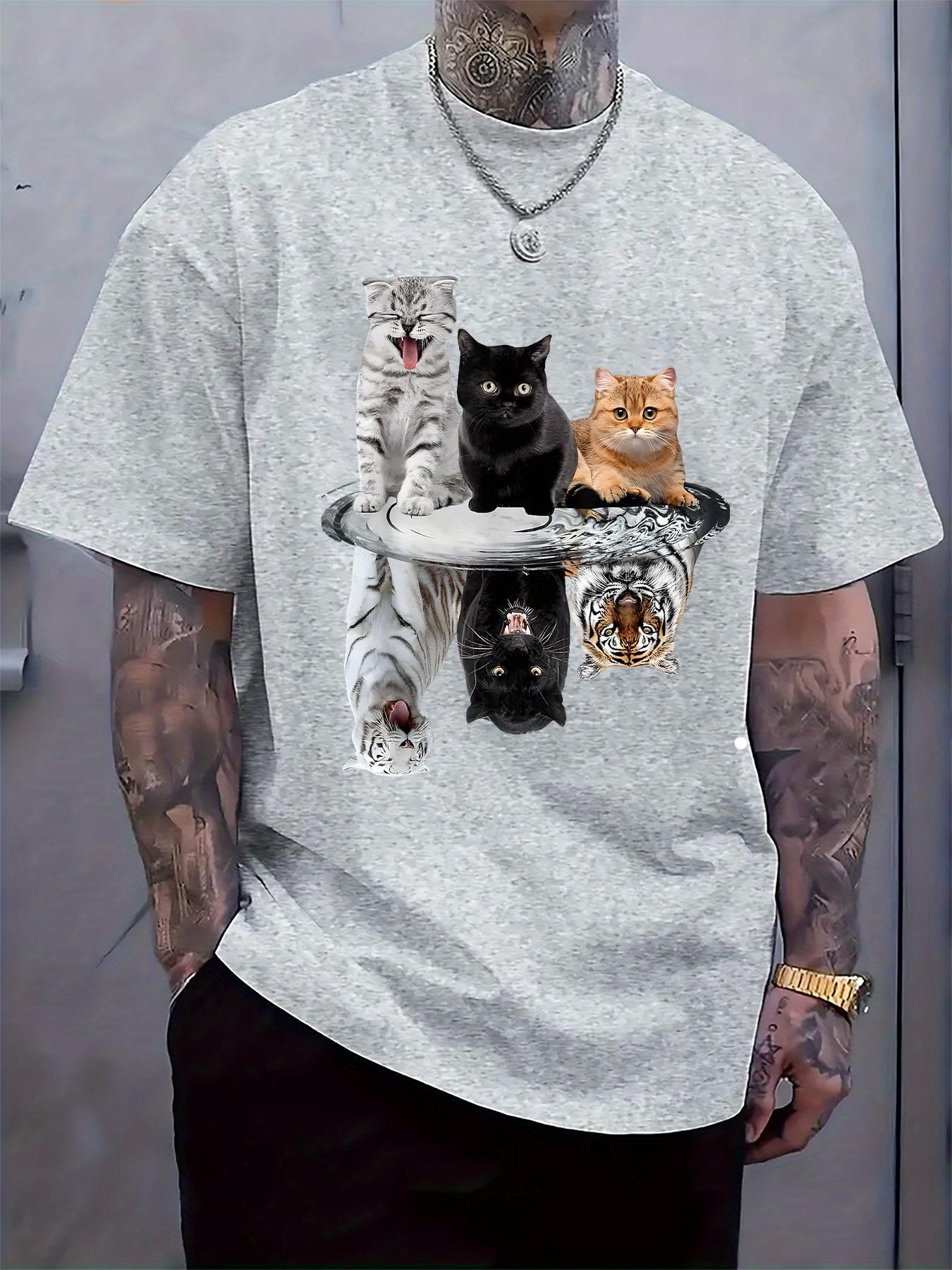 Casual Crew Neck Tshirt with Unique Cat Reflection Print ... XXL