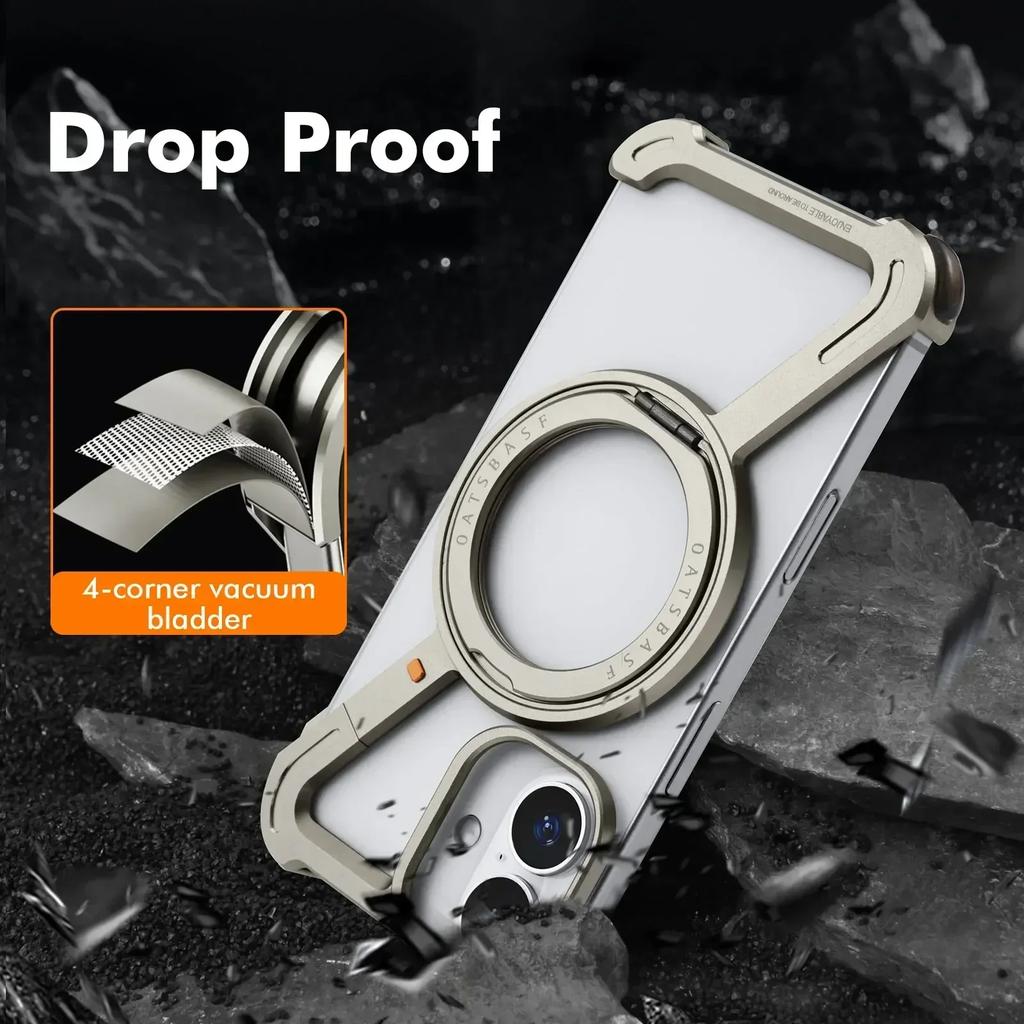Oatsbasf Z Shape Metal Phone Case for iPhone 16 15 14 Pro Max with Stand 360°Rotate Magsafe Minimalist Frameless Protective Case