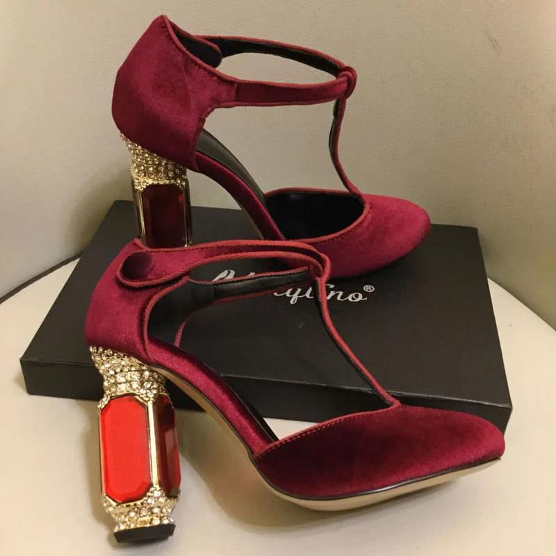 2025 New Velvet Round Toe Women Sandals Gemstone Rhinestone Bling Bling Heel Chunky High Heels Shallow Party Stage Shoes