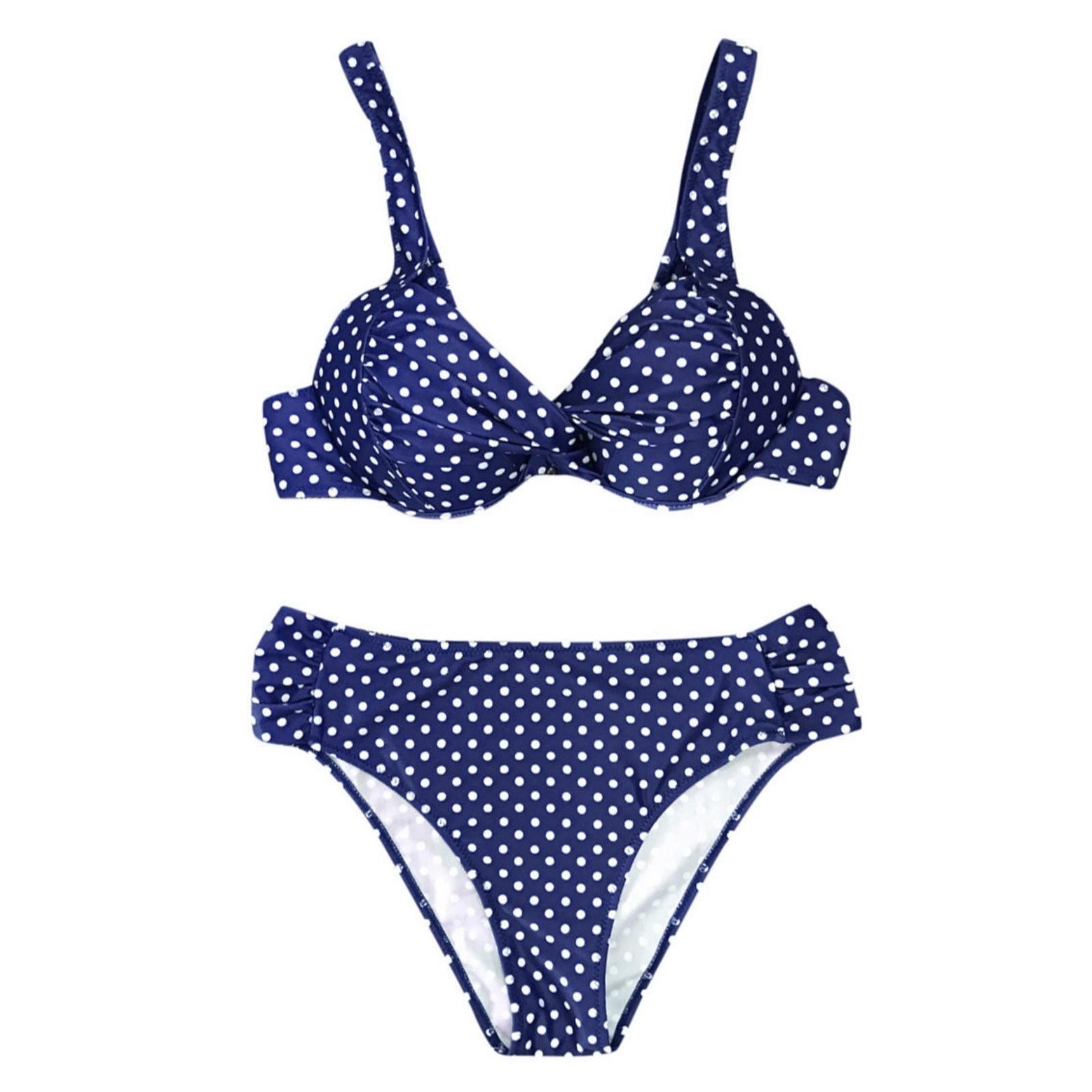 

Women Two Piece Bikini Swimsuit Set Polka Dot Print Adjustable Straps High Waist Bottom Summer Beachwear Swimwear M синий