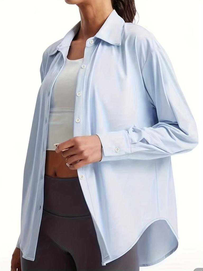 Women's Light Blue Loose Long-Sleeved Sun Protection Shirt with Drape and Split Design