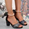 Fashion Sandals for Women Summer New Round Head Hollow Pearl Ankle Buckle Female Shoes Large Size Peep Toe Thick High Heeled Sandales
