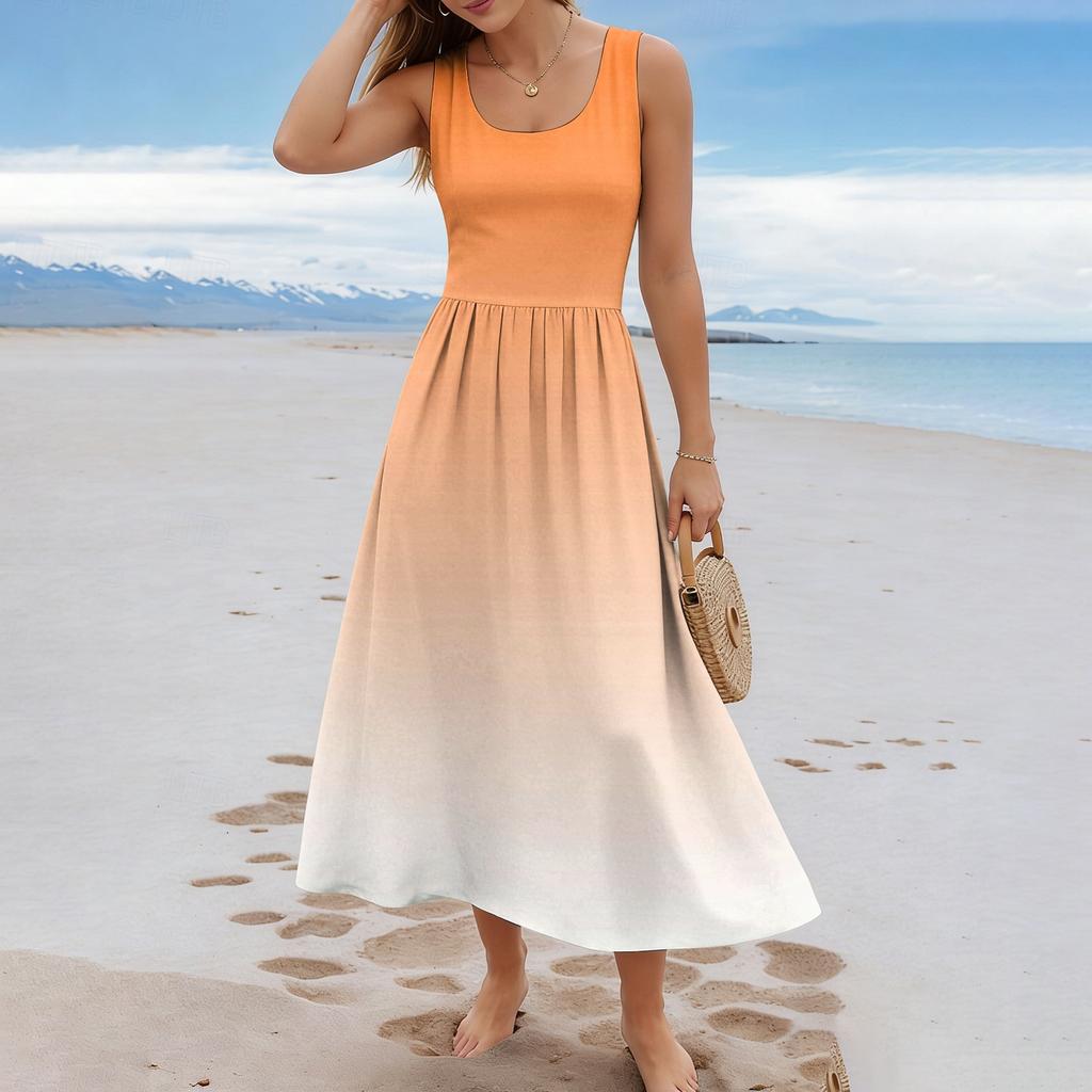 Ladies' gradient printed summer casual and fashionable sleeveless long dress
