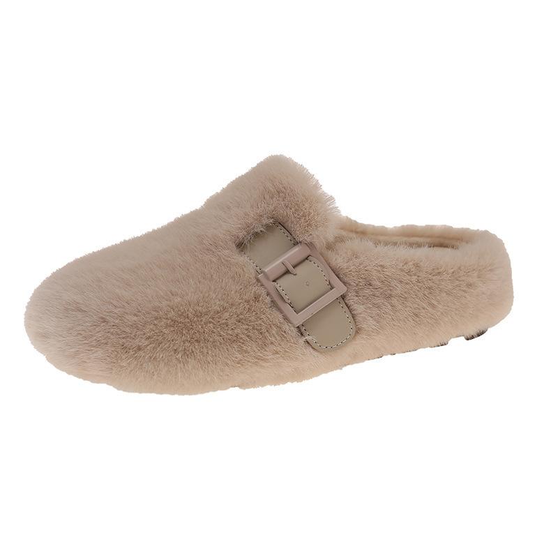 French Flat-bottomed Fluffy Slippers for Women's Outer Wear 2025 Autumn and Winter New Models Are Great-looking, One Pedal, Velvet Mary Jane Cotton M