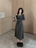 Niche Design Sense Neck Word Shoulder Long Sleeve Dress Women's Spring New Slim and Thin a Word Medium and Long Skirt