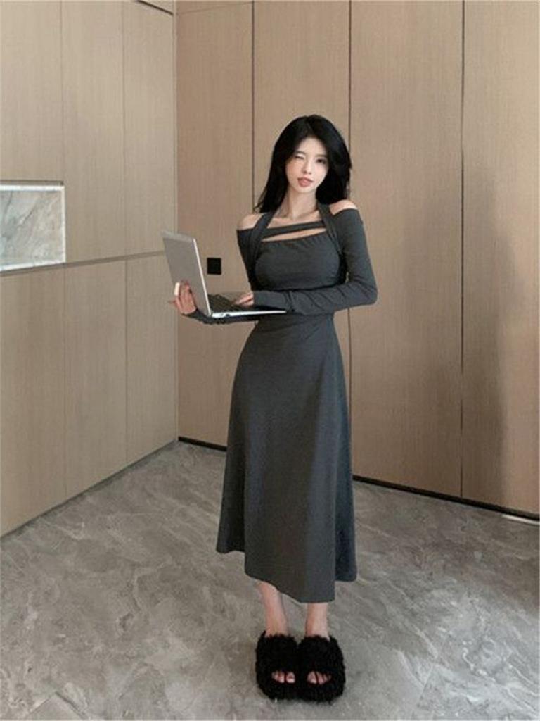 Niche Design Sense Neck Word Shoulder Long Sleeve Dress Women's Spring New Slim and Thin a Word Medium and Long Skirt