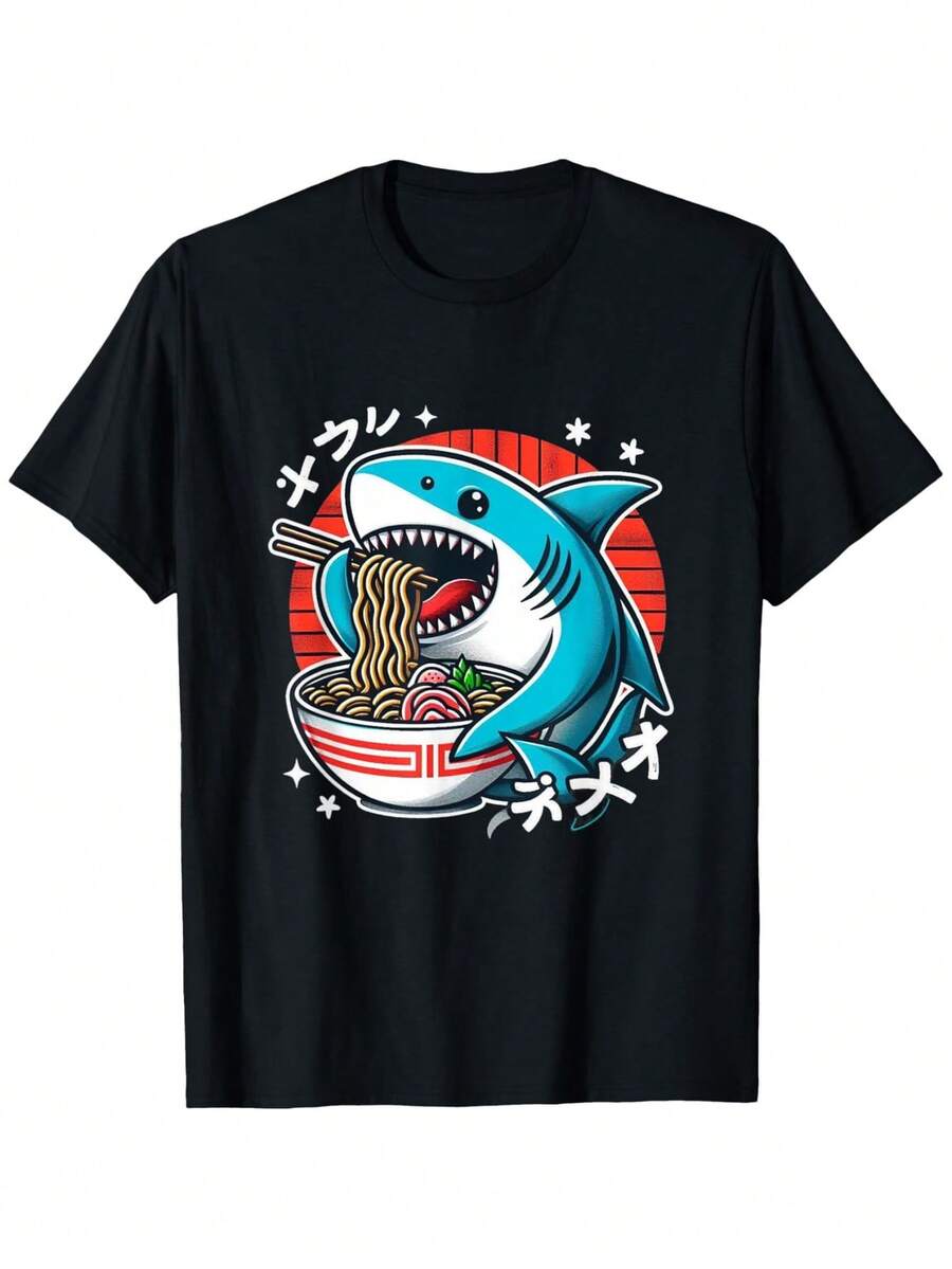 Unisex s Shark Eating Ramen Japanese Noodles Graphic T-Shirt XL