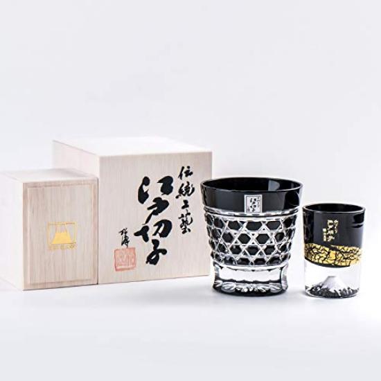 Amazon Tajima Glass Fuji Black Kiriko Old Glass x Gold Leaf Fuji Black Cold Sake Cup Set of Winner of the Japan Tourism Award at the Souvenir Grand
