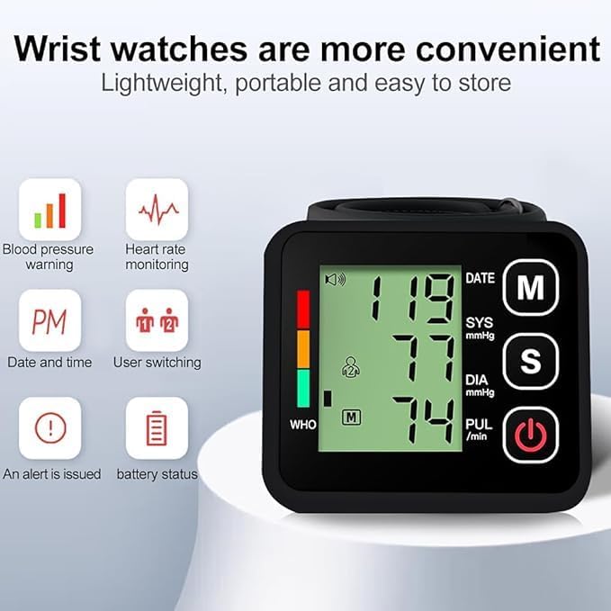 Тонометры для домашнего использования, Коипуан Наручный тонометр, Манжета для измерения давления на запястье, Цифровой, ЖК-дисплей, 99 ячеек памяти, 2 пользователя, Чехол для переноски