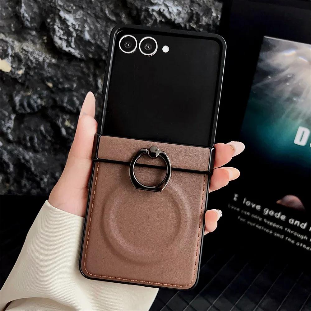 360 Rotating Ring Holder Magnetic Phone Case For Samsung Z Flip 7 6 5 4 3 Flip6 Flip5 Flip4 Flip3 5G PU Leather Back Cover
