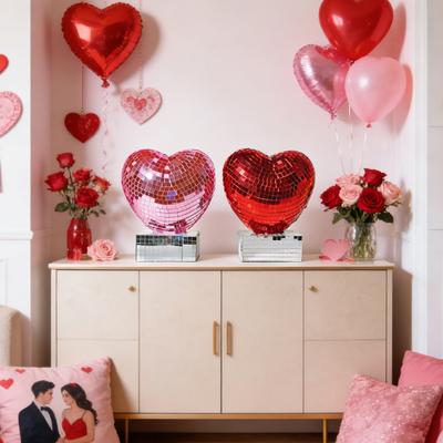 Disco Heart Figurine Glitter Red Pink Heart Shaped Table Centerpiece Romantic Reflective Disco Mirror Heart for Valentine's Day Anniversary Wedding
