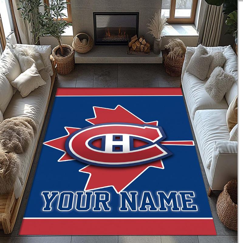 Montreal Canadiens Crystal Velvet Rug, Custom Name Text Personalized Non‑Slip Floor Mat for Home Decor Gift