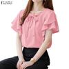 ZANZEA Women Casual Square Collar Ruffles Short Sleeve Loose Blouse