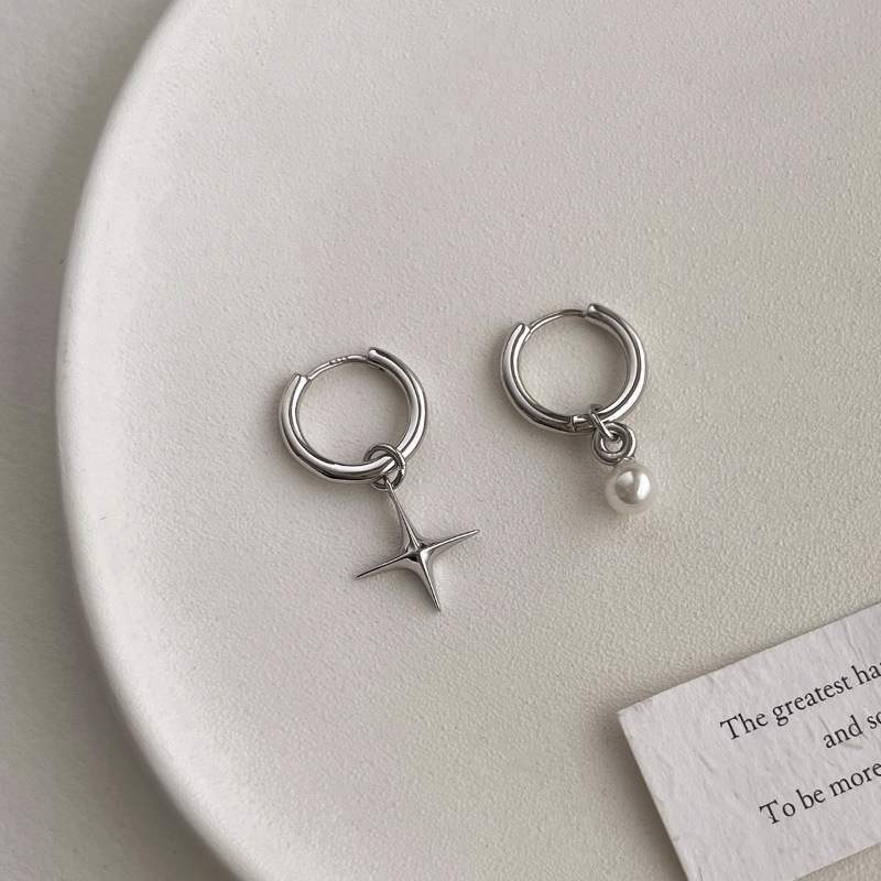 ANENJERY Geometric Star Simulated-pearl Pendant Earrings for Women Sweet Cool High-end Fashionable Asymmetrical New Trend Earrings Jewelry Gifts
