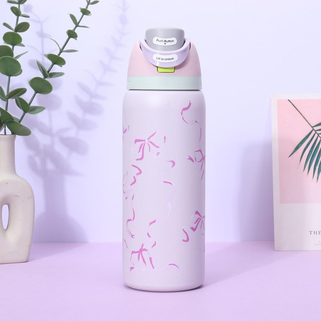 Ribbon Bow Pattern Print Water Bottle Thermos Cup For Sports Travel School Gift