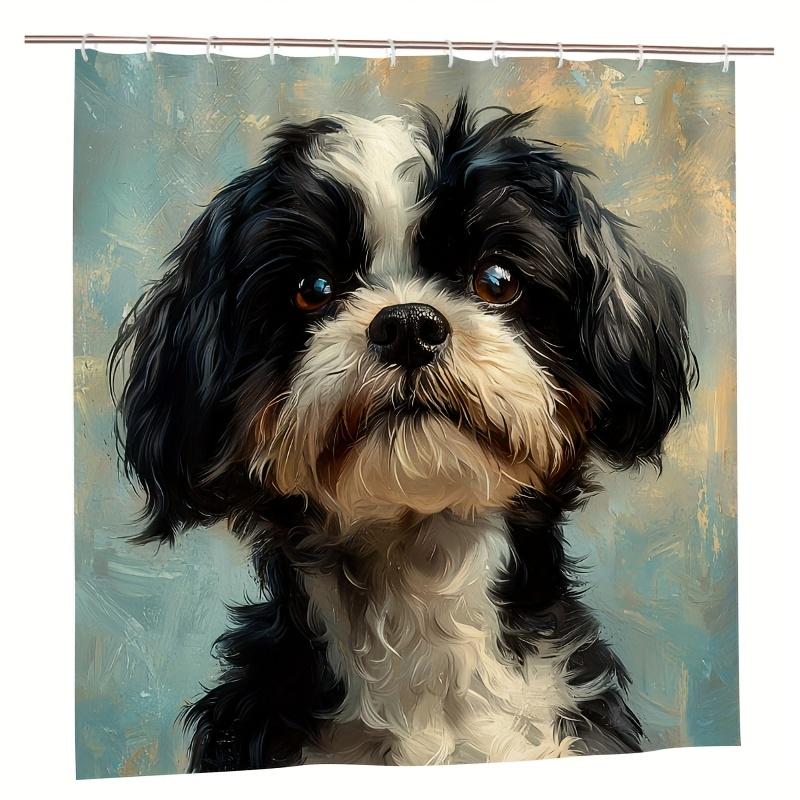 1Pc Oil Painting Dog Shower Curtain - Black & White Portrait, Teal Background, Polyester, Hand Wash, Summer Bathroom Decor