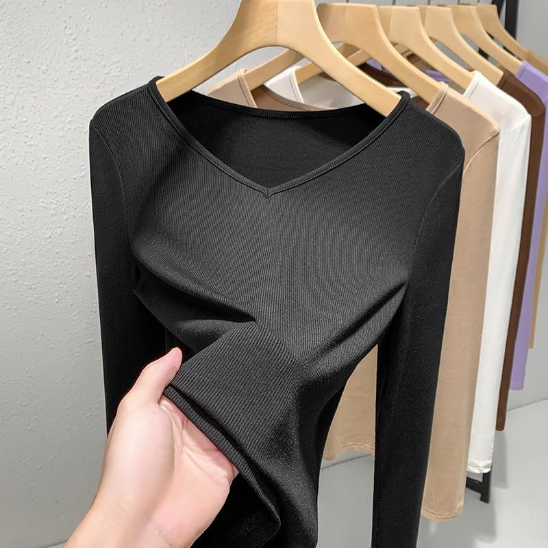 Threaded bottoming shirt women's new women's temperament v-neck long-sleeved t-shirt elastic inner waist top